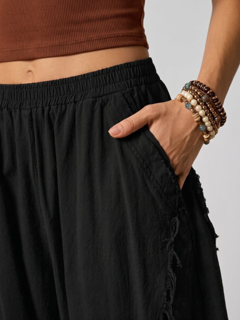 Women's Black Cotton Harem Pants Elastic Waist Raw Edge Fringe Boho Trousers - Picture 3 of 3